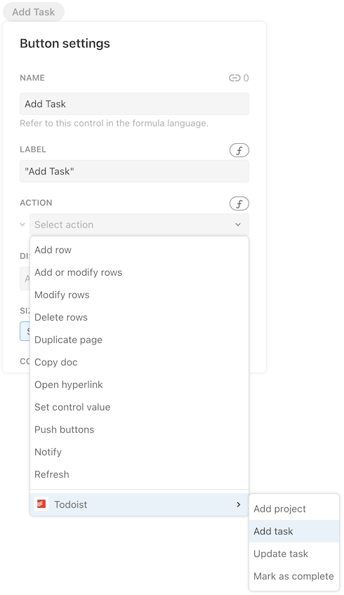 Selecting an action for a button