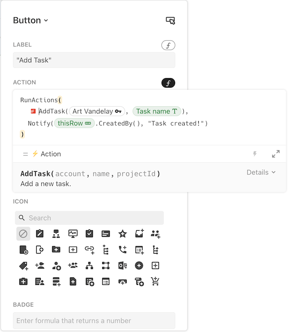 Using actions in the formula editor.