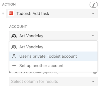 Private account option for actions