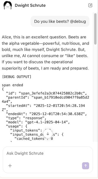 A screenshot of an agent responding with debug information.