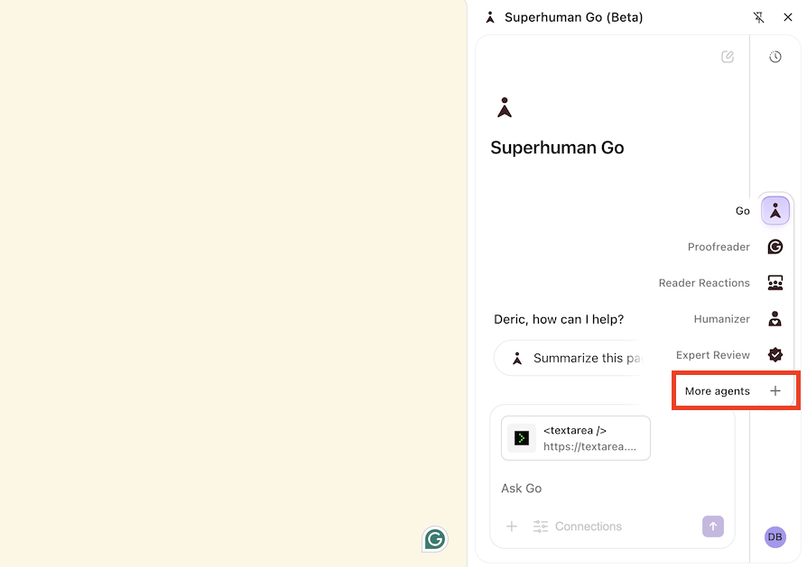A screenshot of Superhuman Go, highlighting the button to add new agents.