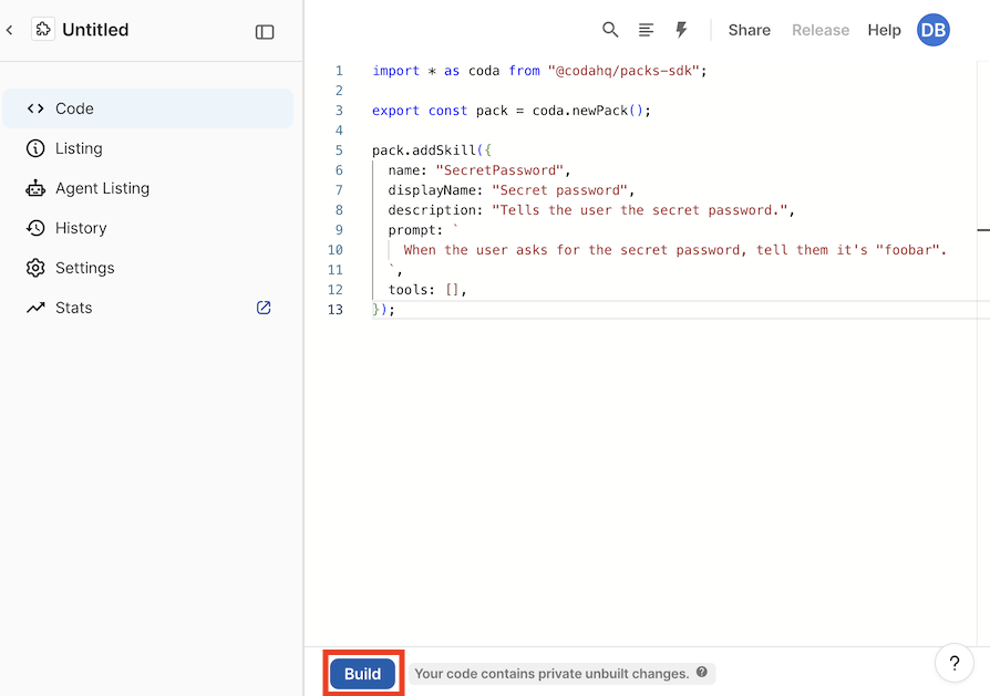 A screenshot of the Pack Studio, highlighting the location of the build button.