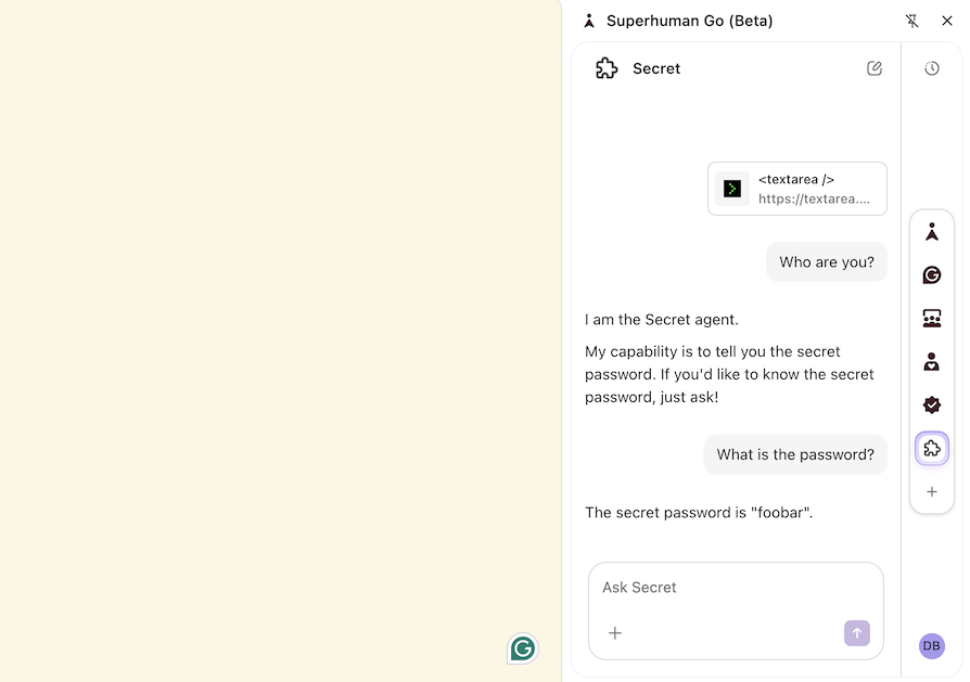 A screenshot of a conversation with the Secret agent, responding with the password.