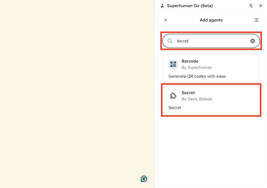 A screenshot of Superhuman Go, highlighting the search box and the agent tile.