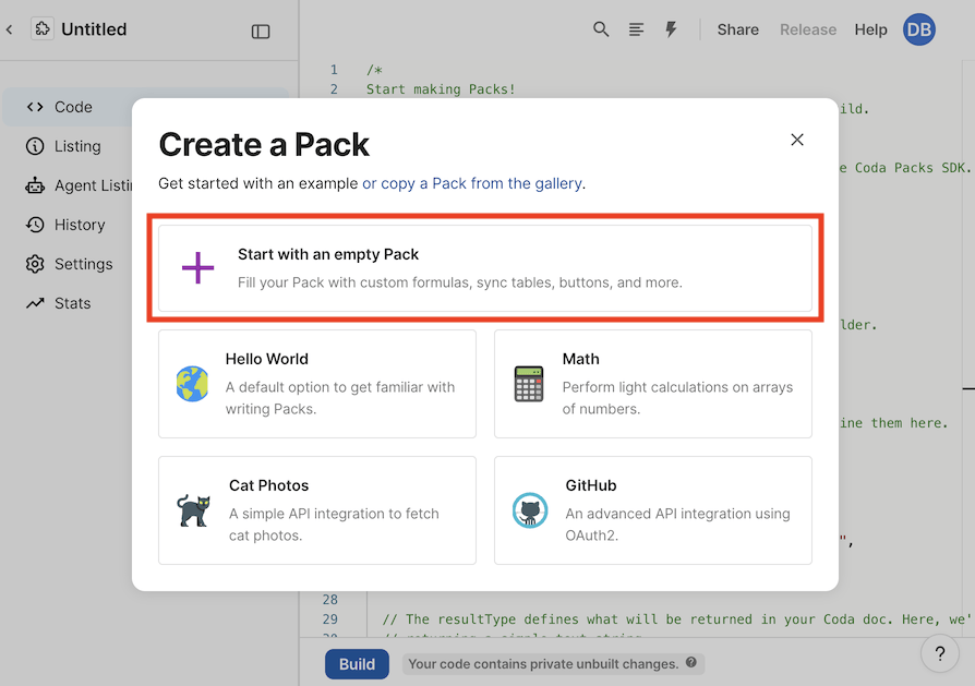 A screenshot initial dialog shown in the Pack Studio.