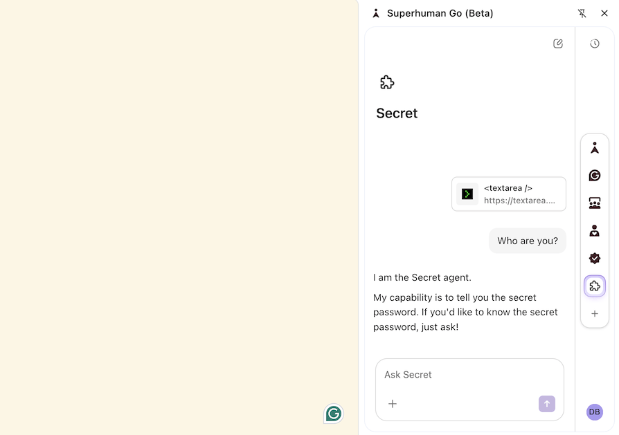 A screenshot of a conversation with the Secret agent, responding with its name.