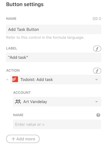 Account selection in the action builder