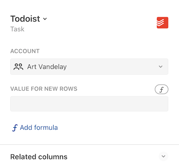 Account selection in the column format settings