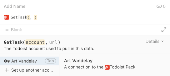 Account selection in the formula editor