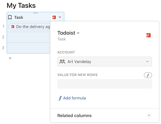 Selecting the account in the column format options