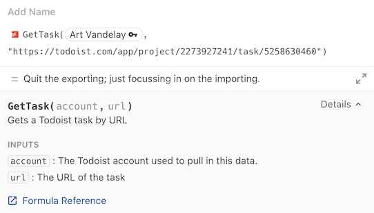 Account parameter in formula editor