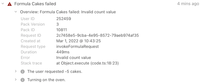 Log entry details for a failed invocation