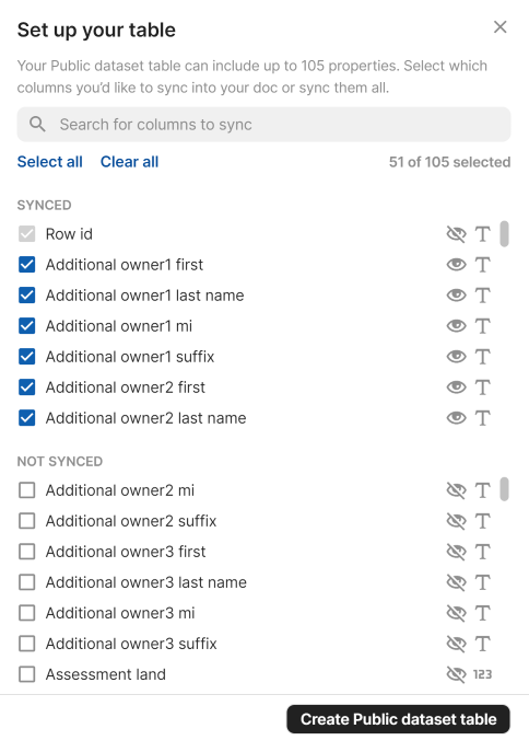 Selecting columns of a sync table