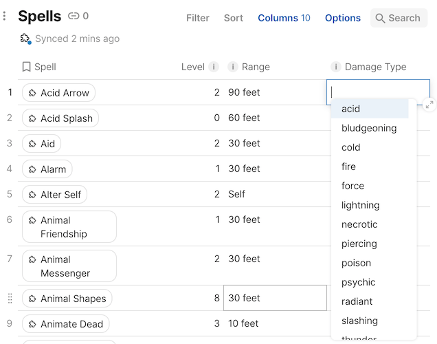 Suggested property options in a cell.