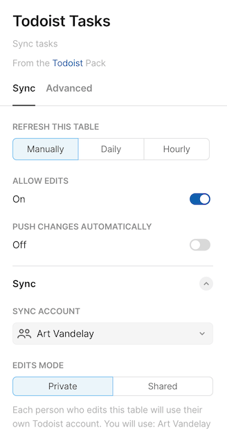 Enabling edits on a sync table.