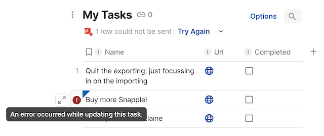 Error attached to a row.